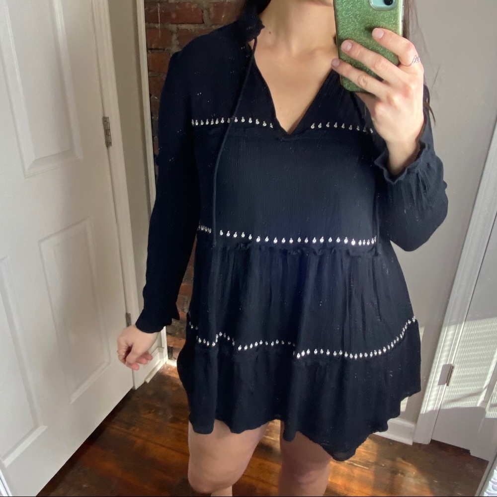 Lulu’s Make Some Waves Black Tiered Long Sleeve Boho Swing Dress Size Small - Picture 8 of 16